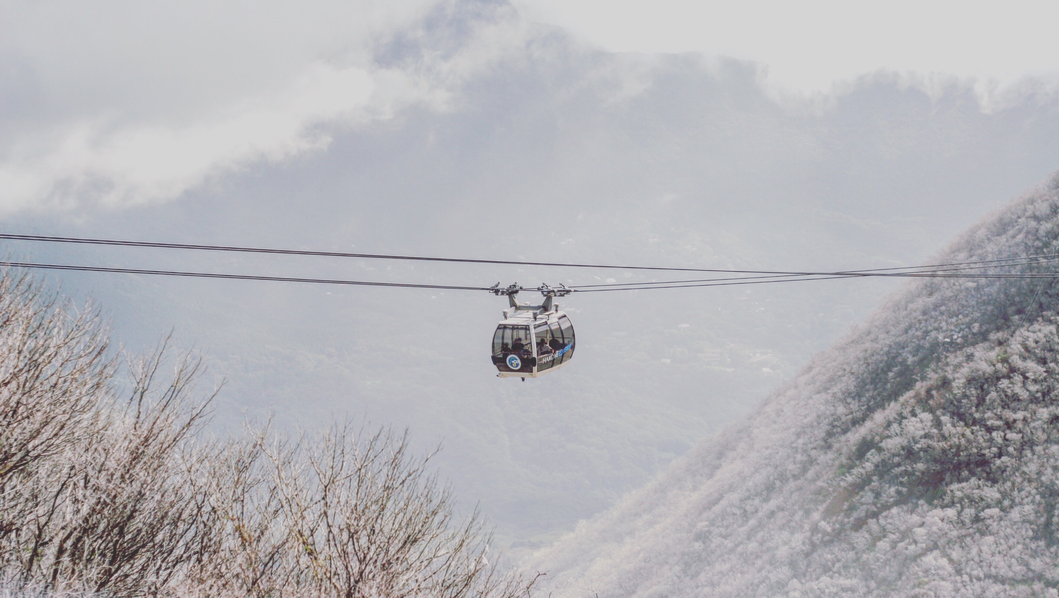 The cable car with that foggy winter-like scene.